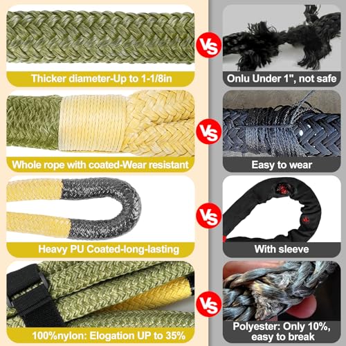 Image of NTR 1 inch x 20' Kinetic Recovery Tow Rope (37,480lbs), with 2 UHMWPE Soft Shackles (40,980lbs), Heavy-Duty Offroad Snatch Strap, Vehicle Recovery kit for Jeep car Truck ATV UTV SUV,Olive