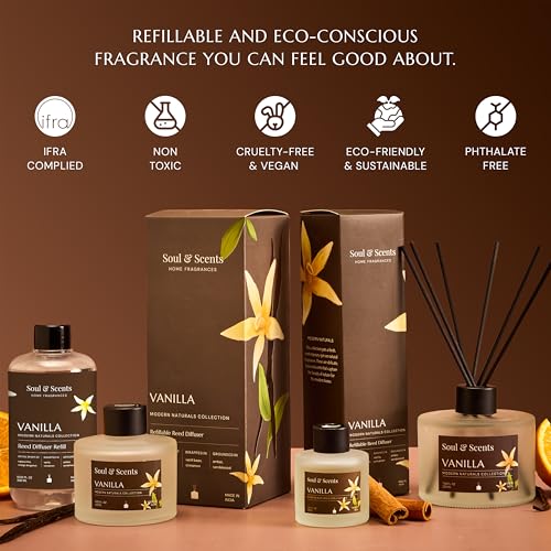 Image of Soul & Scents Glass 120ml Vanilla Reed Diffuser Set | Free 6 Fiber Reed Sticks | Stress Relief & Aromatherapy | Long-Lasting, Smoke-Free Air Freshener for Home, Bedroom & Office | Ideal for Gifting