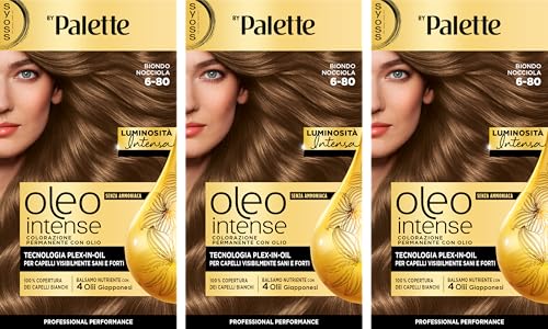 Syoss by Palette Oleo Intense, colorazione permanente, copertura professionale capelli bianchi, 6-80 Biondo Nocciola, confezione da 3