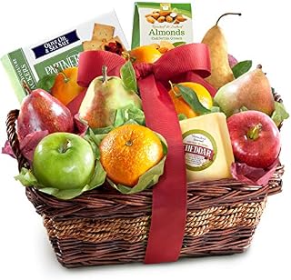 Classic Fresh Fruit Basket Gift with Crackers, Cheese and Nuts for Christmas, Holiday