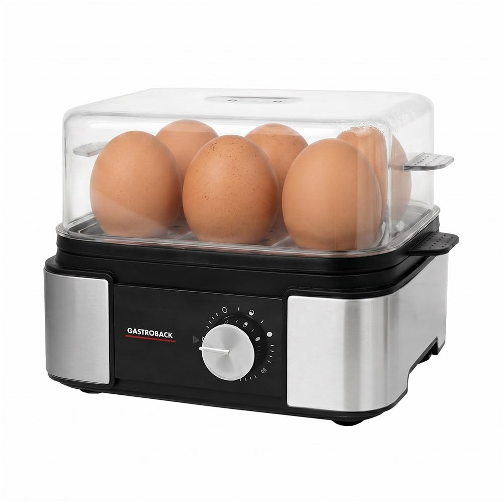 GASTROBACK Mini Eierkocher 6 Eier Edelstahl - Egg Cooker Electric | Abschaltautomatik - Egg Boiler Automatischer Signalton - Eierkocher Testsieger Klein Schwarz inkl. Eierstecher