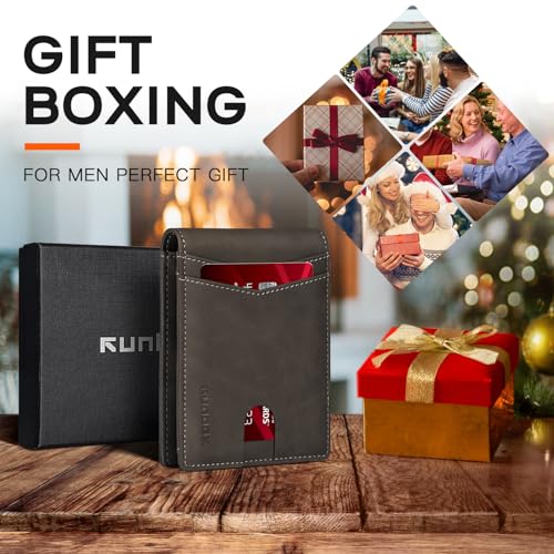 Image of RUNBOX Wallet for Men Slim Leather Bifold RFID Blocking Minimalist Front Pocket Design with Gift Box | Minimalist Front Pocket Design, Holds 8 Cards, RFID Protection, Gifts for Men on Birthdays, Father's Day, and Christmas