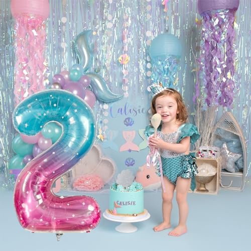 Image of Mermaid 2 Balloons, 40 Inch Giant Rainbow Starry Helium Mylar Foil Number 0-9, Purple Teal 2nd Birthday Balloon for Girls, Blue Pink Morados Numero Two Balloons for Women Anniversary Party Decorations