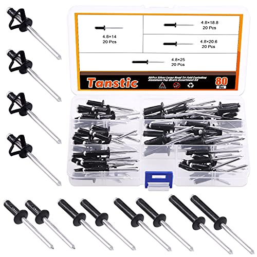 Tanstic 80Pcs 3/16'' x 9/16'' / 3/4'' / 13/16'' / 1" 4 Sizes Flange Aluminum Blind Rivets Large Head Tri-Fold Exploding Pop Rivets Assortment Kit (Black)