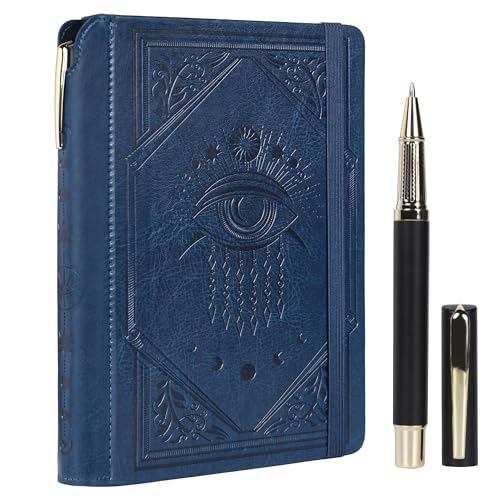 TIEFOSSI Diário de riscas para mulheres e homens, diário de couro com caneta esferográfica, caderno de capa dura A5 com o mal-olhado para trabalhar, escrever, viajar e estudar, 14,8 x 21 cm