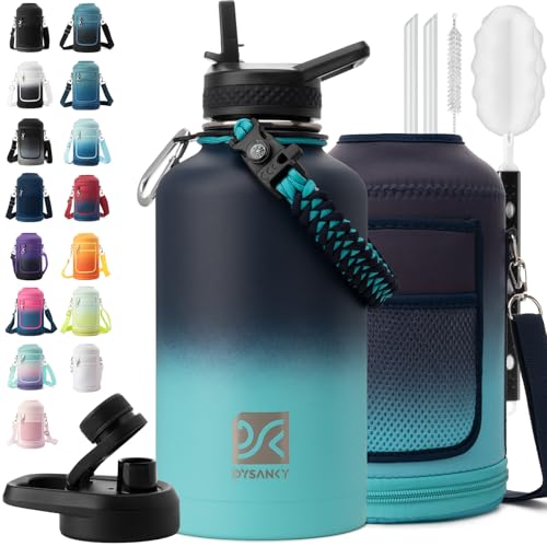 Insulated Water Bottle | Thickened Stainless Steel Vacuum Metal | Portable Sports Half Gallon Large Water Jug for Gym and Hiking with Straw, Carrier Bag, Handle Strap | BPA-Free 64 oz
