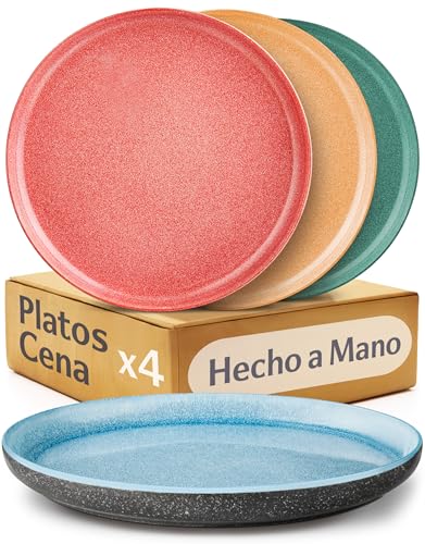 Cosumy Set de 4 Platos de Cena en Gres Ø26,7 cm – Platos Ceramica Artesanales con Esmalte Reactivo – Juego de Colores Vibrantes, Apto para Microondas y Lavavajillas – Set de 4 Platos llanos