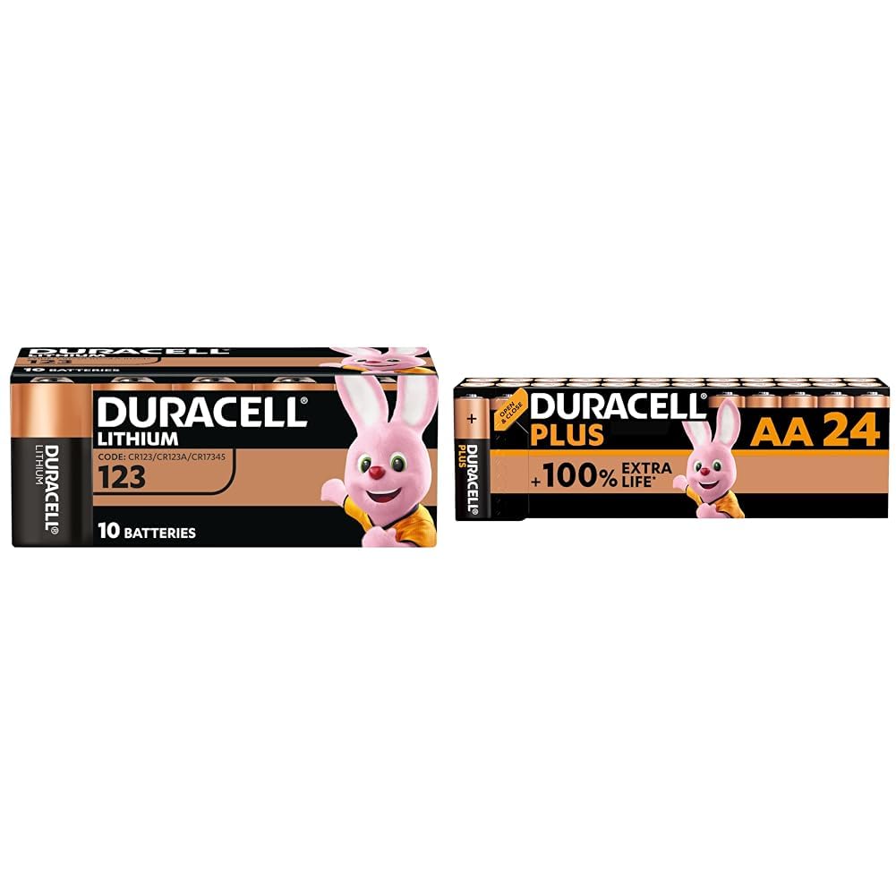 Batterie DURACELL CR123 (confezione da 10) al litio ad alta potenza da 3 V & Batterie Plus AA (pacco da 24) - Alcalina 1.5V - Fino al 100% di extra durata