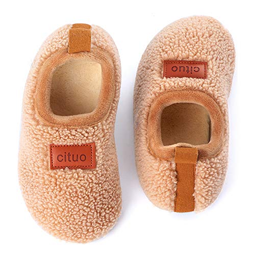 Dream Bridge Kids Sherpa Fleece Slippers with Anti-Slip Sole for Boys Girls Beige,8/8.5 UK Child