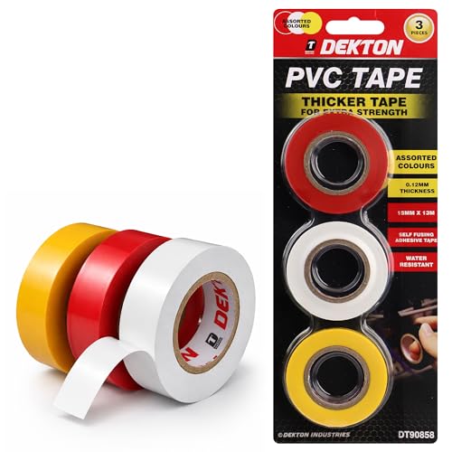 Dekton 3PC Insulation Tape - Red, Yellow & White | Up to 600V Protection | Self-Fusing Adhesive PVC Tape | Water Resistant | Works in -0 to 8°C Temperatures | Strong, Reliable, and Long-Lasting