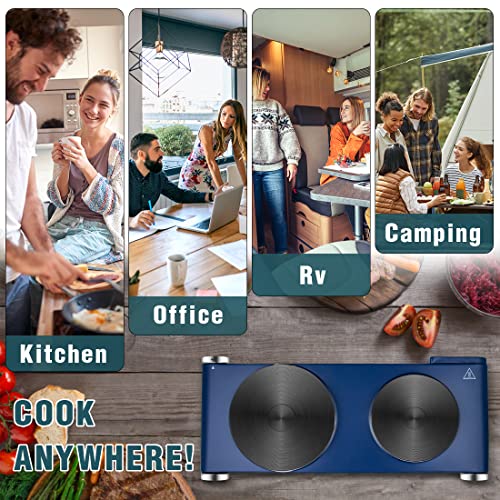 Hot Plate, Cusimax Double Burner, 1800W Electric Cooktop, Cast Iron Hot Plate For Cooking, Portable Electric Stove, Stainless Steel Countertop Burner, Easy To Clean, Blue #TOP4
