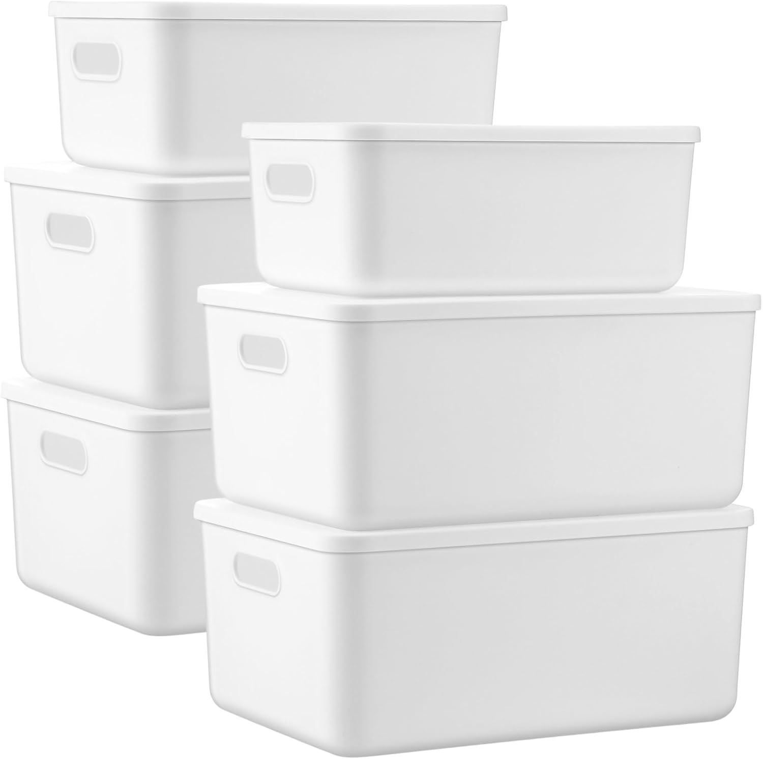 Honeydak 6 Pcs Plastic Storage Bins with Lids Plastic Storage Baskets Boxes Stackable Containers Organizer Bins for Shelves Drawer Playroom(White,11.81 x 8.07 x 4.72 Inch,14.37 x 10.24 x 6.3 Inch)