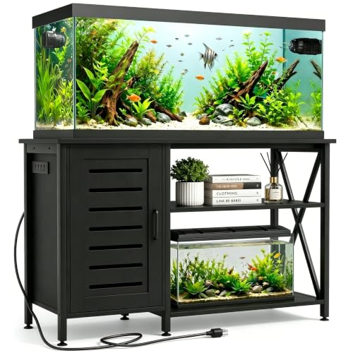 Image of Herture 55-75 Gallon Fish Tank Stand,Aquarium Stand with Cabinet Accessories Storage,Heavy Duty Metal Frame,Aquarium Cabinet with Power Outlets 52 inch L*19.68 inch W Tabletop,1200LBS Capacity,Black PG05YGB