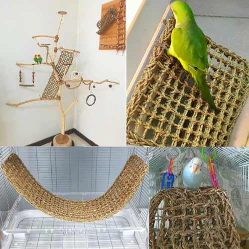 Image of 2Pcs Bird Seagrass Mat 30 x 7 inch Natural Grass Woven Net Hammock with Hooks Climbing Rope Ladder Chew Toys Hanging on Parrot Cage for Lovebird Pigeon Cockatiel Conure Budgie Cockatoo