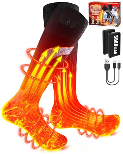 Heated Socks for Men and Women, 5000mAh Rechargeable Heated Socks with 4 Heat Settings, 360° Surround Heating, Washable Winter Feet Warmers for Hunting, Skiing, Camping, Hiking
