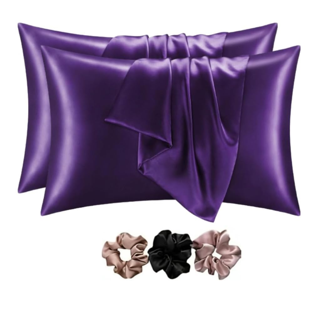 GO WELL Solid Satin Silk Pillow Covers Pack of 2 for Hair and Skin-with Satin Scrunchies |Satin Pillow coves for Hair and Skin|scrunchies for Women 3-Piece|Silk Pillow case (Darkpurple) 600 TC