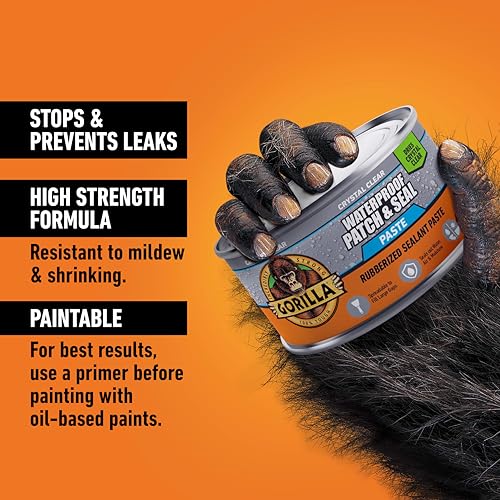 Image of Gorilla Waterproof Patch & Seal Rubberized Sealant Paste, 12.8 Ounce Can, Clear (Pack of 1) - Stops Leaks, Flexible Gap & Crack Filler, Shrink & Mildew Resistant, Paintable