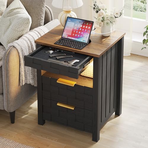 WEQUB Nightstand with Charging Station, 3 Drawers, Gun Drawer, Black - image 1