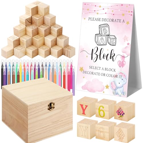 Marsui 136 Pcs Baby Shower Blocks to Decorate Game Kit Includes 98 Wooden Blocks, 36 Markers, 1 Game...