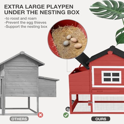 Chicken Coop Expandable Chicken House for Outdoor with Wheels Nesting Box, Leakproof Pull-on Tray, and UV-Resistant Roof Panel - Red