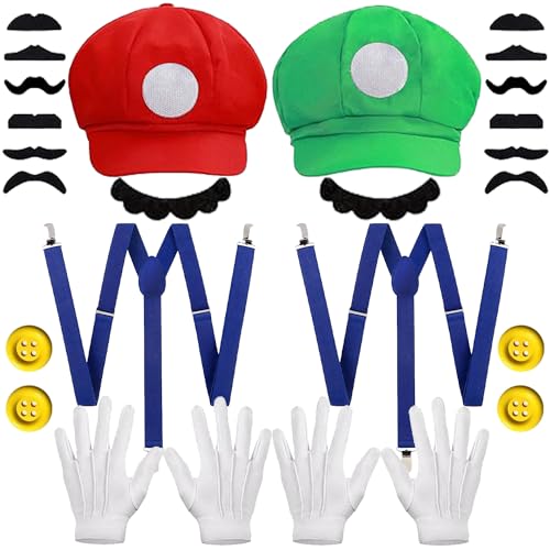 Disfarce mario e Luigi, boné, luvas, bigode, botões - acessórios para adultos - carnaval, cosplay e Halloween