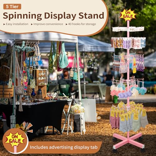 Image of Flenpptly Retail Display Stand, 5-Tier Rotating Display Rack for Store Display, Movable and Adjustable Spinning Display Stand for Earrings, Jewelry, Keychains, Socks Display (Pink)