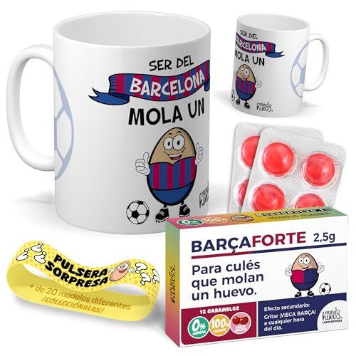 Taza para hinchas | Ser del Barcelona mola un huevo | Pack con Taza, Pulsera Coleccionable y Caramelos Divertidos | Regalo Original para Cules | Perfecto para Navidad o Cumpleaños | F.C Barcelona