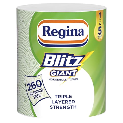 Regina Blitz Giant – 1 Roll Multi-Purpose Household Towels, 3 Ply, 260 Sheets Per Roll, Triple Layered Strength, Household Towels Made With Virgin Pulp, Recyclable Paper Packaging, and FSC Certified