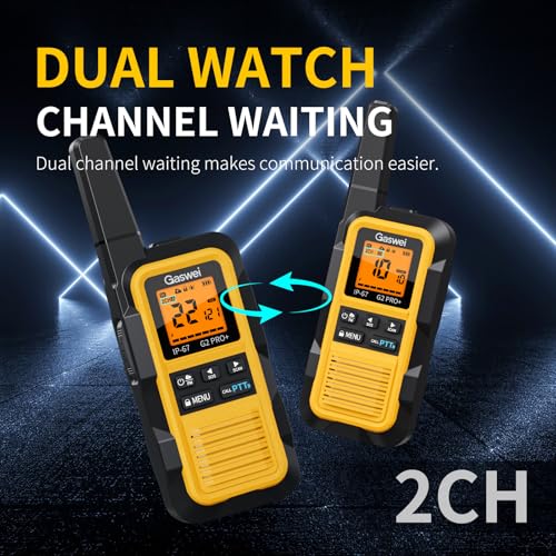 Image of Gaswei G2pro+ IP67 Waterproof Floating Walkie Talkies Long Range for Adults, Heavy Duty Walkie Talkie with Double PTT,FM Radio,SOS,NOAA Weather,VOX, Two Way Radio Rechargeable Battery(Yellow 6Pack)