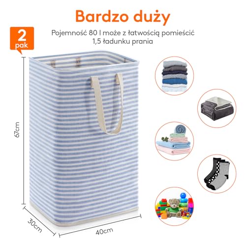 Lifewit Kosz na Pranie z Uchwytem, Duży Składany Wodoodporny Kosze Brudna Ubrania, Laundry Basket do Odzież, Sypialnia, Szary & Niebieski, 80L, 2 Paczki