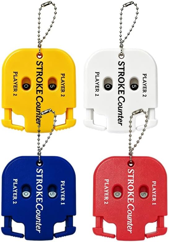 4 Pack Golf Stroke Counters, Portable Dual-Player Score Keeper with Keychain, Manual Dial Reset Clicker for Golf Training, Tournaments, and Friendly Matches, Colorful Design Set