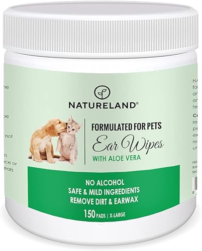 [150 piezas extra grandes] Natureland Dog Ear Wipes - Almohadillas extra grandes [170%] - Toallitas de limpieza ótica para infecciones y control de