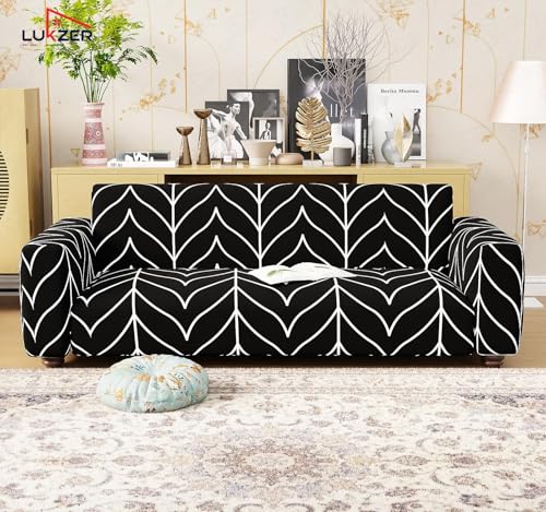Image of Lukzer 3 Seater Black Stripe Pattern Universal Sofa Cover | 360 Fully Covered Anti-Slip Washable Couch Cover Protecter | 140 GSM Stretch Fit Polyester + Spandex Slipcover (180-230cm /SC-027-03)