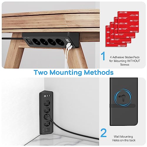 Ecksteckdose mit 2 USB und 2 Type-C, 4 Fach Mehrfachsteckdose mit Schalter, Steckdosenleiste Überspannungsschutz mit 2M Kabel für Küche (Schwarz) 4