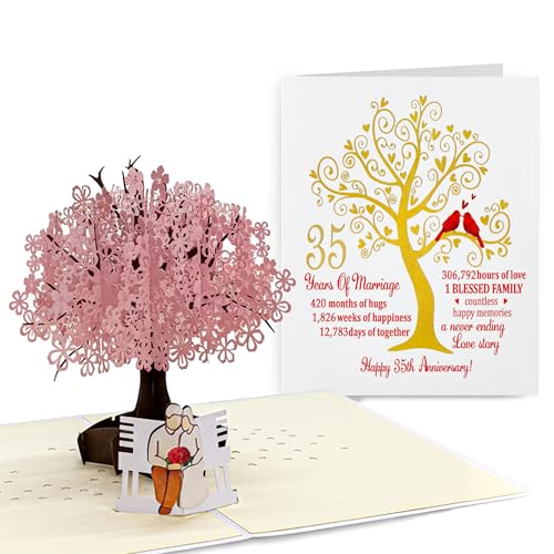Limima 35th Anniversary Card - Coral Gifts for 35th Anniversary - Coral Wedding Pop-Up Card for Couple Parents - 3D Cherry Blossom Tree with Couple on Bench - 35 Years of Marriage Decoration
