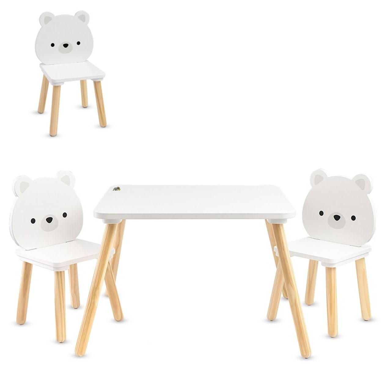 Moni Kinder Tischset 2 Stühle weiße Bären Holz, Spieltisch, Kinderzimmermöbel weiß