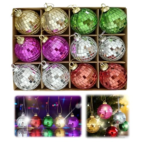 12pcs Colorful Christmas Baubles Set，Xmas Baubles 6cm/2.4 in Shiny Disco Ball Set for Christmas Tree，Holiday Party Home Store Decorations（Silvery,Red,Pink,Green,Golden）