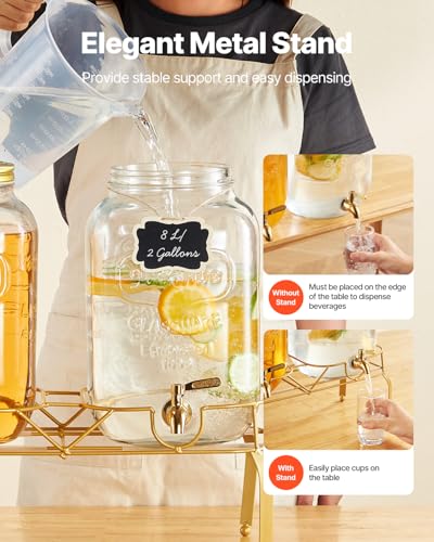 Image of VEVOR Beverage Dispenser, 2 Pack 2 Gallon Drink Dispensers for Parties, Glass Juice Dispenser with Metal Stand, Stainless Steel Spigot, Infuser, Iced Tea Lemonade Juice Water Dispensers for Parties