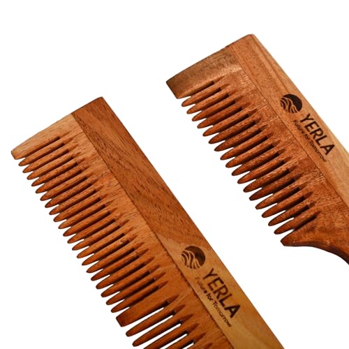 Image of YERLA Handmade Kacchi Neem Wooden Comb Set for Women & Men | Herbal Hair Growth Comb Infused with 17 Herbs & 4 Natural Oils | Anti-Dandruff, Frizz Control & Shine | Multi-Size Wooden Comb Combo (Pack of 2)