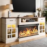 MXV 70' Fireplace TV Stand, 3-Sided Glass Fireplace and Modern Entertainment Center, Wooden Media Console with Glass Doors & Storage Drawers, LED Light, for Living Room, Antique White