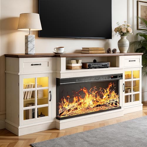 MXV 70" Fireplace TV Stand, 3-Sided Glass Fireplace and Modern