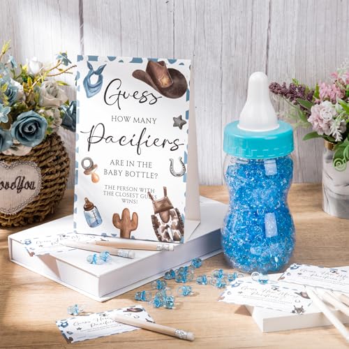 Image of Roowest 512 Pcs Baby Shower Games Guess How Many Pacifiers Sign 100 Small Guessing Games 10 HB Pencils 750ml Milk Bottle 400 Acrylic Pacifiers Decoration for Guest Gender Reveal(Blue,Cowboy)