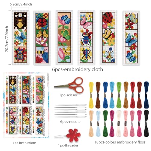 Image of BEUNITONE 6 Pcs Insects Cross Stitch Bookmark Kits for Beginners Bookmark with Butterflies Dragonflies Pattern Counted Cross Stitch DIY Stamped Embroidery with Instructions for Book Lover 8''x2.4''