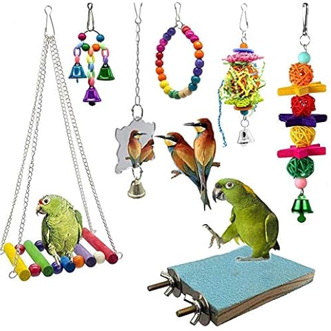 Acidea Bird Toys, 7Pcs Bird Parrot Toys Bird Hanging Bell Toy Hanging Colorful Swing Chewing Toy Bells, Ladder Swing for Small Parrots, Macaws, Parakeets, Conures, Cockatiels, Love Birds Cover
