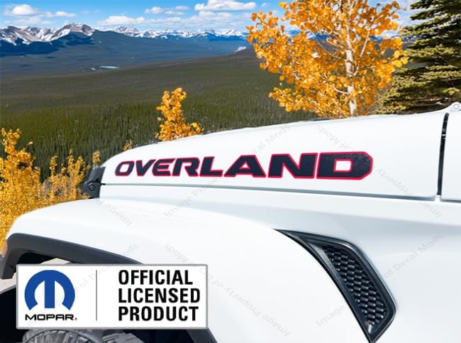Decal Mods Overland Hood Graphic Vinyl Decal fits Jeep Wrangler JL/JT (2018-2025) Matte Black with topo Lines and red Outline (Set of 2) - CR | UV1A3