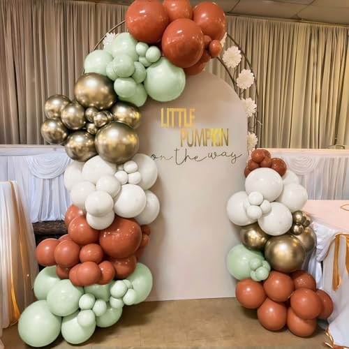 Image of Fall Balloons Set, 12 Inch Thanksgiving Balloons, Retro Burnt Terracotta Rust Orange Dusty Sage Mint Green White Metallic Gold Latex Balloon for Thanksgiving Autumn Harvest Fall Birthday Decorations