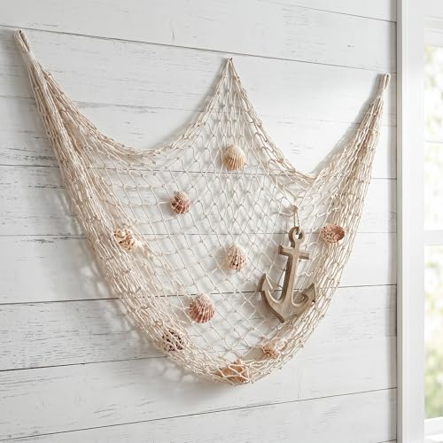 Image of TOPZEA 4 Pack Fish Net Decorative 80 x 40 Inch, Natural Cotton Fishing Net Wall Hanging Fishnet Decorations for Mermaid, Pirate, Nautical, Hawaiian, Under The Sea Themed Party Supplies, Beige
