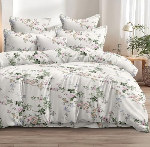 Image of DECOR2ADMIRE 300TC Premium Glace Cotton Printed Super King Size Double Bedsheet with Two Pillow Covers, 108 * 108 Inches or 9ft by 9ft or 275 cm x 275 cm (White Pastel Garden)