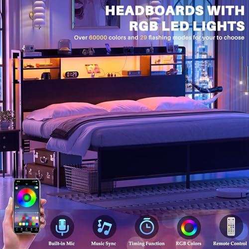 Image of Aheaplus Headboard for Queen Size Bed with Storage, Rustic Brown | Headboards with LED Light, Power Outlets, USB Ports Queen Size Head Board, Wood headboard Only Sturdy and Stable Headboards
