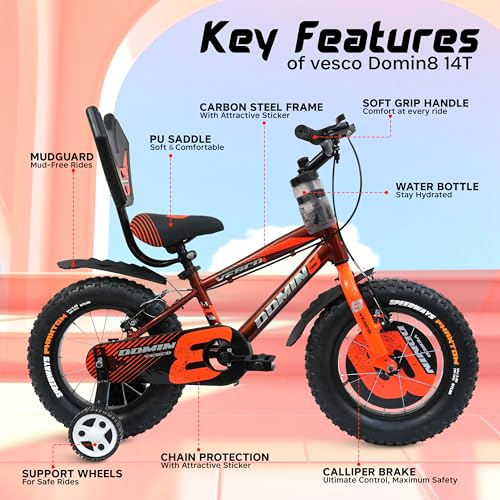 Image of VESCO Domin8 14T Kids Cycle for Boys & Girls, 14-Inch with Balance Wheel, Back Rest & Rigid Fork |9 Inch Frame Size | Ideal for Ages 3-6 Years (Orange)